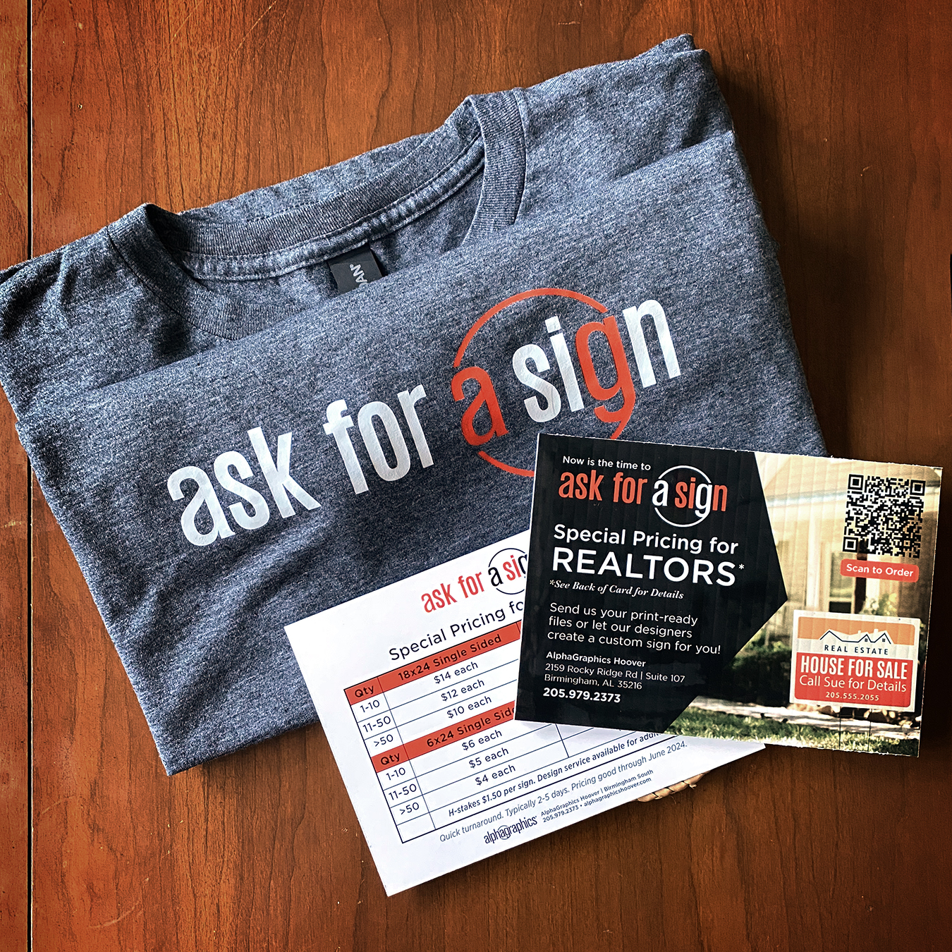 gray shirt that says ask for a sign with postcard showing specials from sign campaign