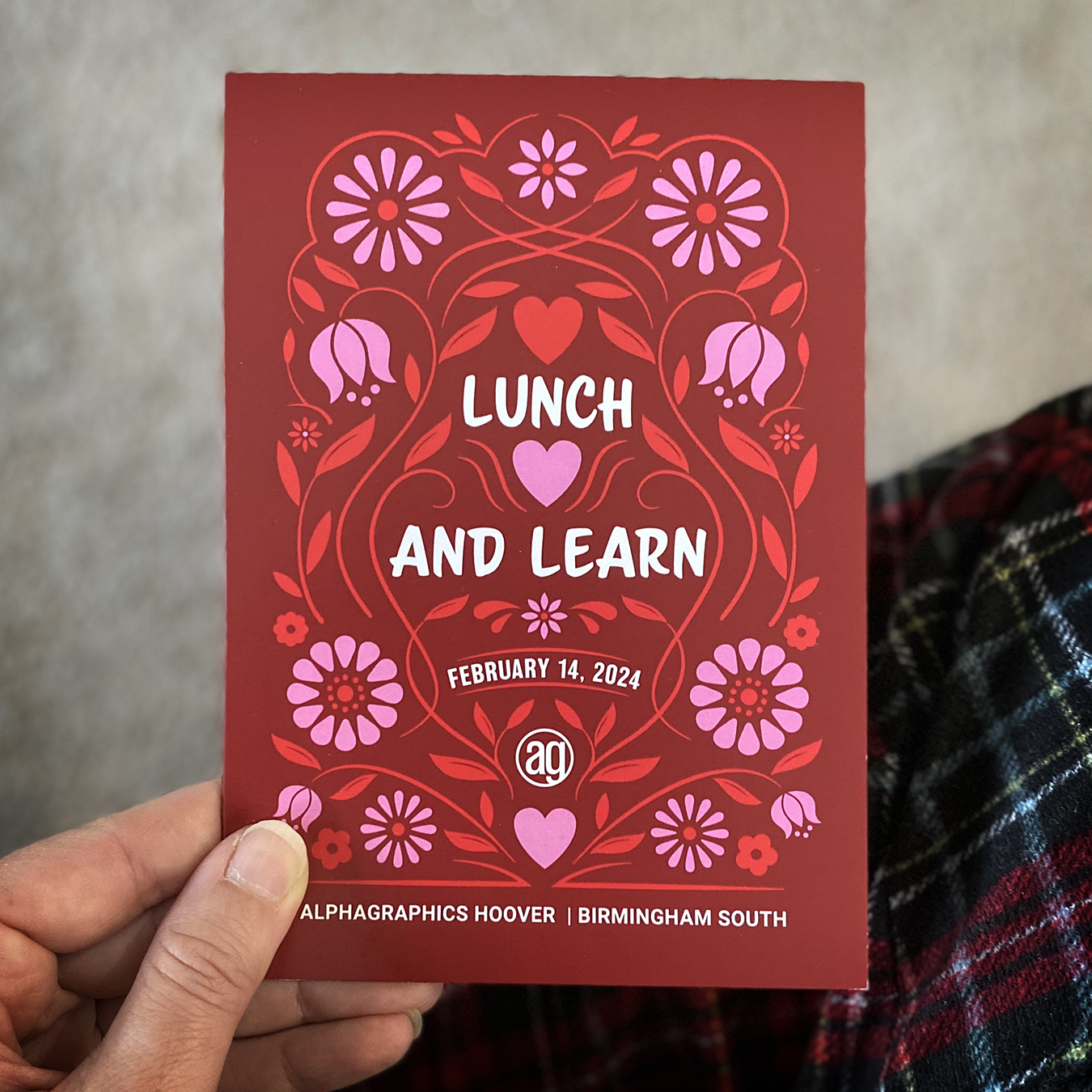 Lunch and Learn event invitation, card for valentines day with red and pink flowers