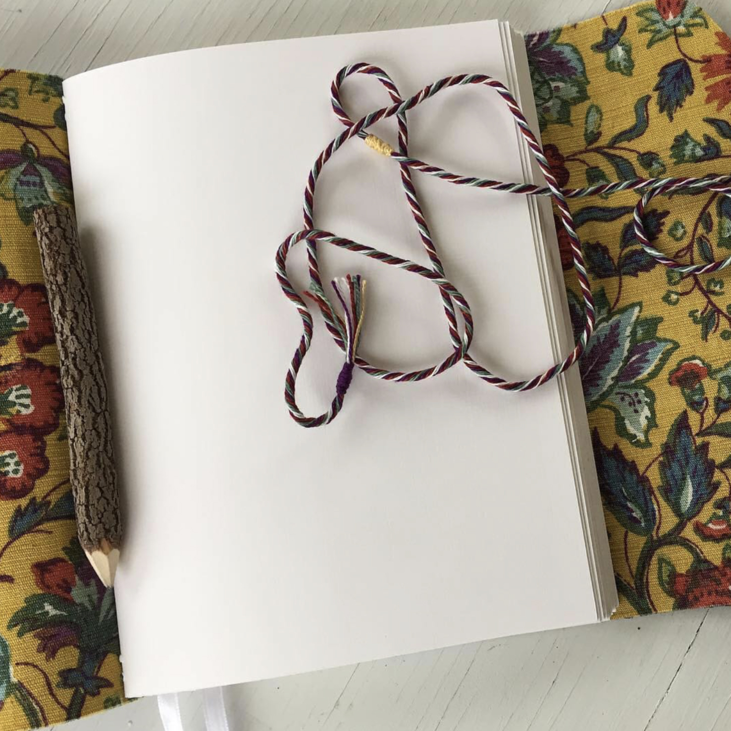 Inside view vintage floral fabric handmade rope