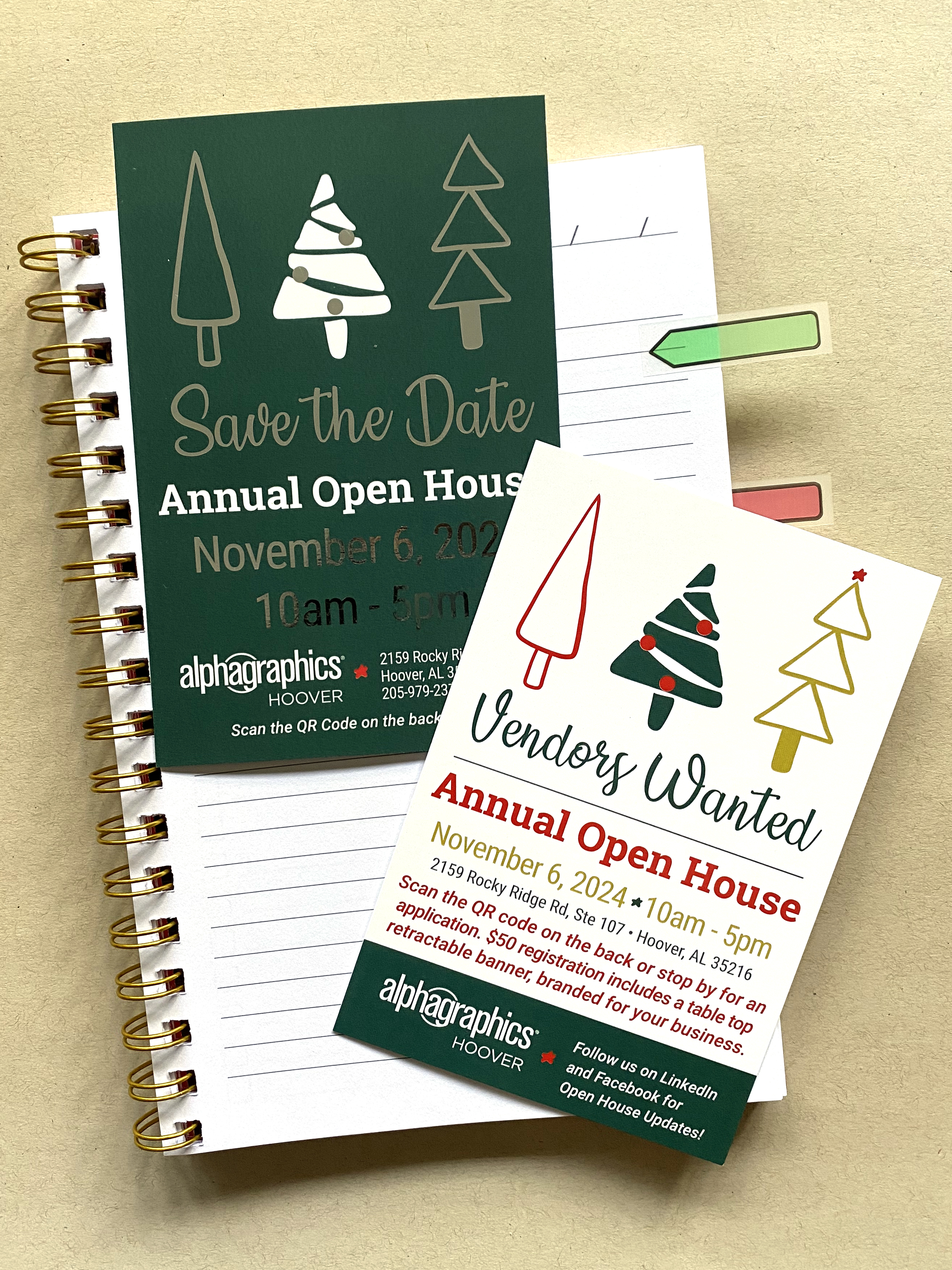 2 cards for open house 2024. one save the date and one for vendors