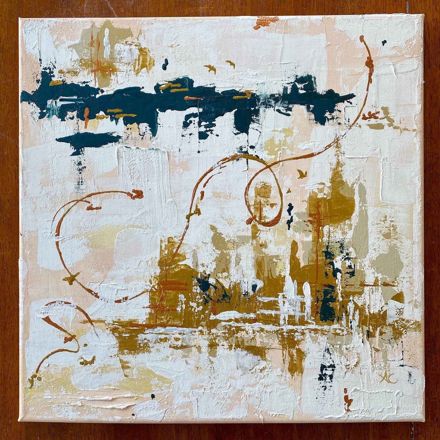 24"x24" abstract painting with hidden ting gold birds. Pinks, tans, neutral, feminine style, texture