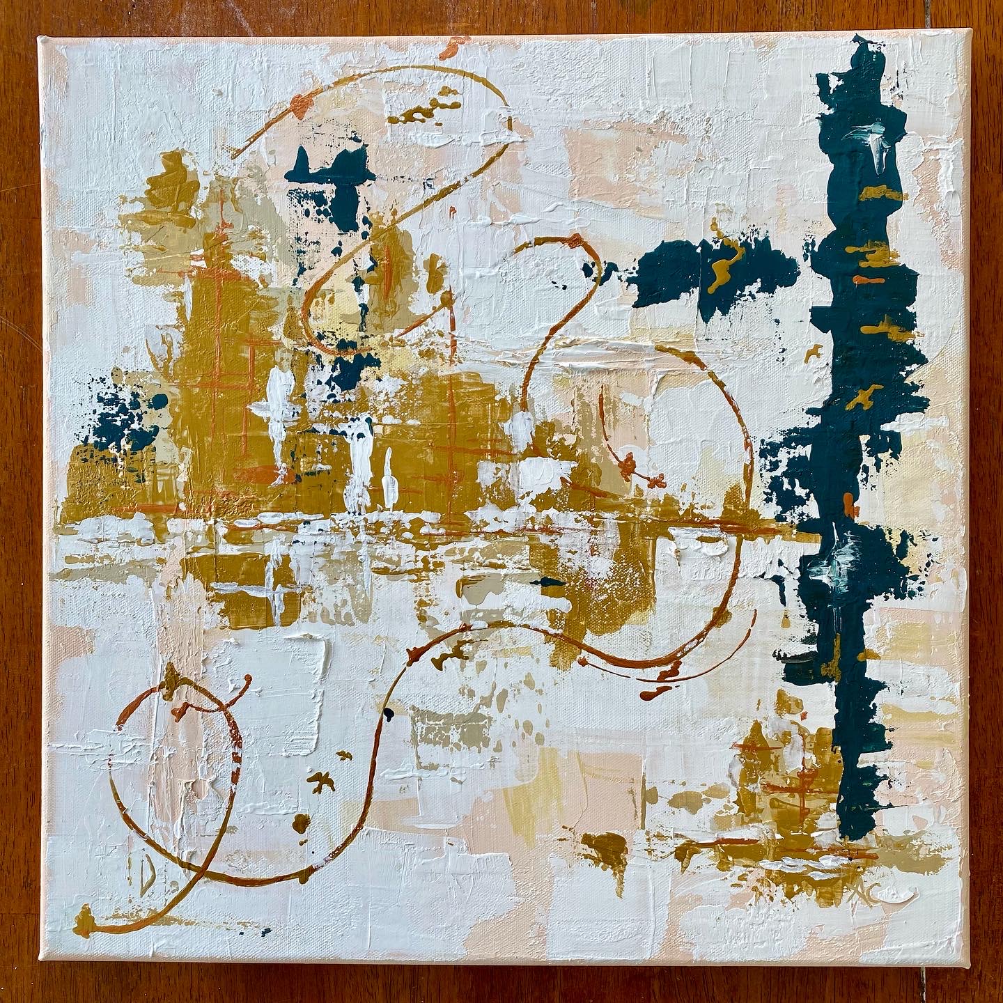 24"x24" abstract painting with hidden ting gold birds. Pinks, tans, neutral, feminine style, texture