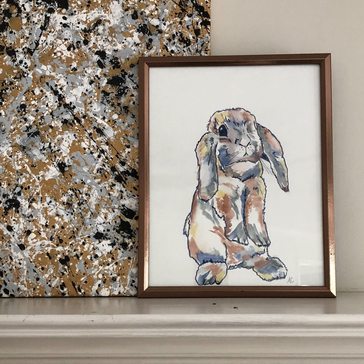 Rabbit Watercolor with Ink 11"x14", multicolor, cute bunny, ink drawing, watercolor painting