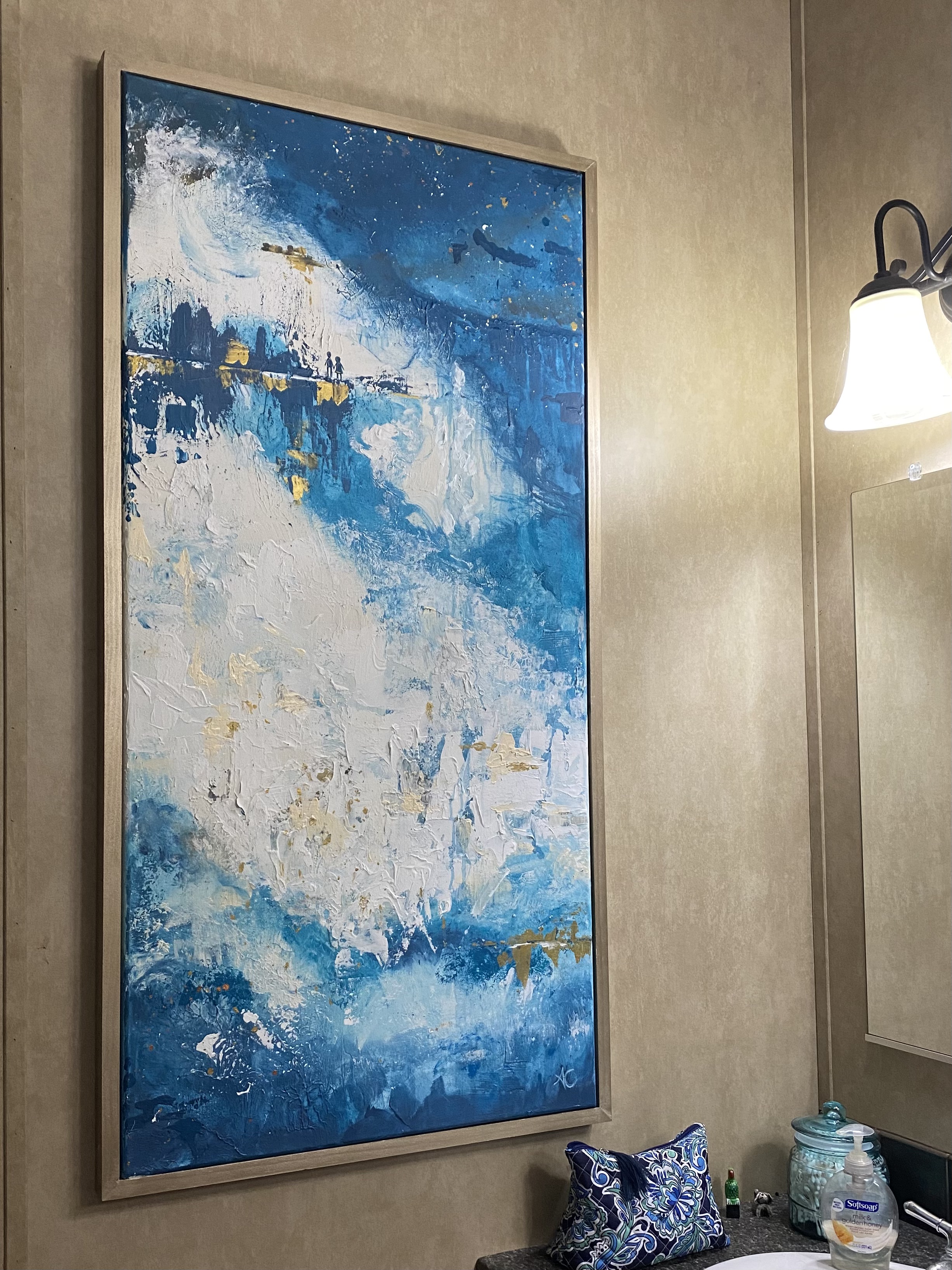 Sky and Space Painting with boy and girl, 24"x48" with gold frame, bathroom decor, textured painting
