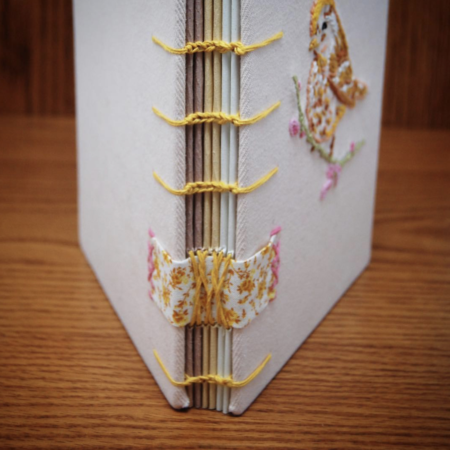 Spine view pink and orange bird book