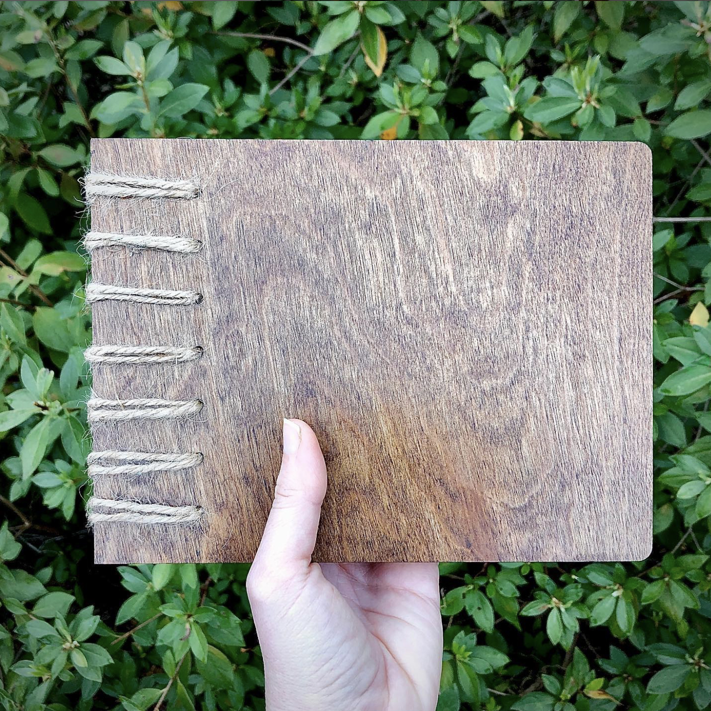 Wooden wedding book stained walnut with hemp rope binding