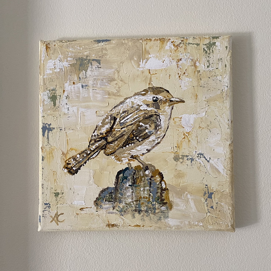 12"x12" Wren paining in surrealist style, yellow, tans, browns, bird on broken stump