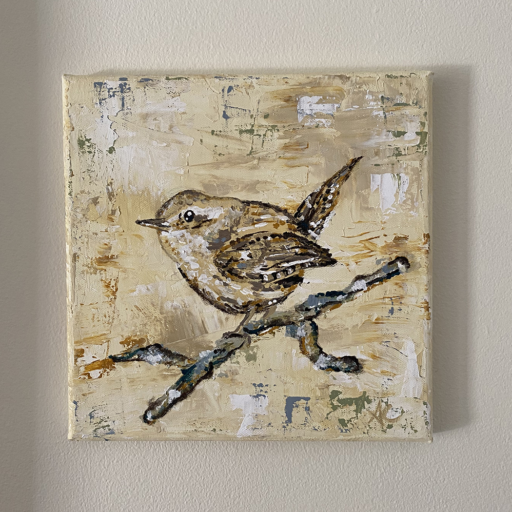 12"x12" Wren paining in surrealist style, yellow, tans, browns, bird on branch